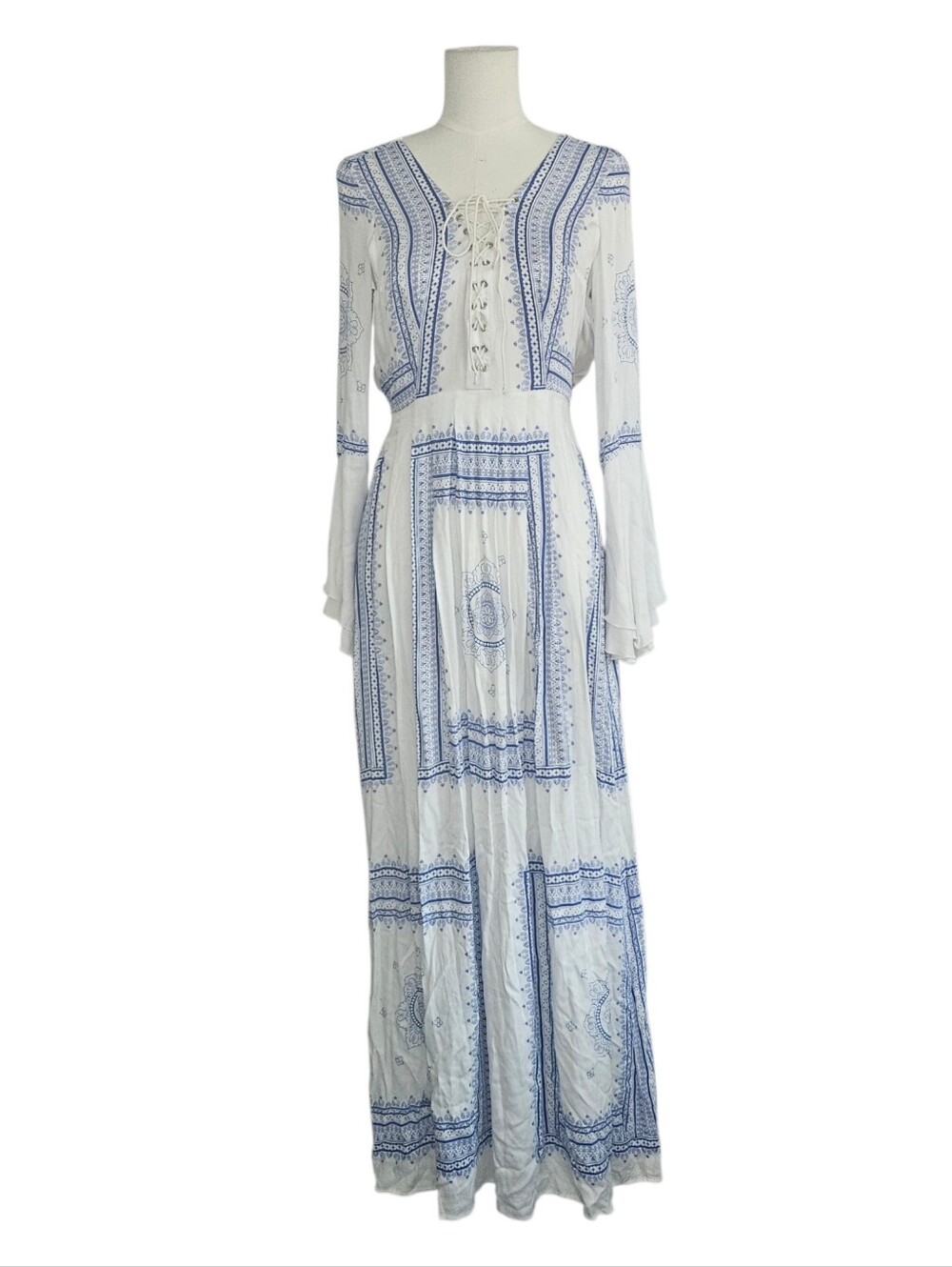 NWT The Jetset Diaries Santorini White Maxi Dress with Blue Boho Print Size S